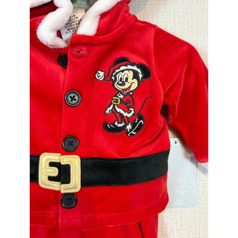 NWT Disney Baby Mickey Mouse Santa Suit Red Velour Hooded Jacket Pants Set 0-3M